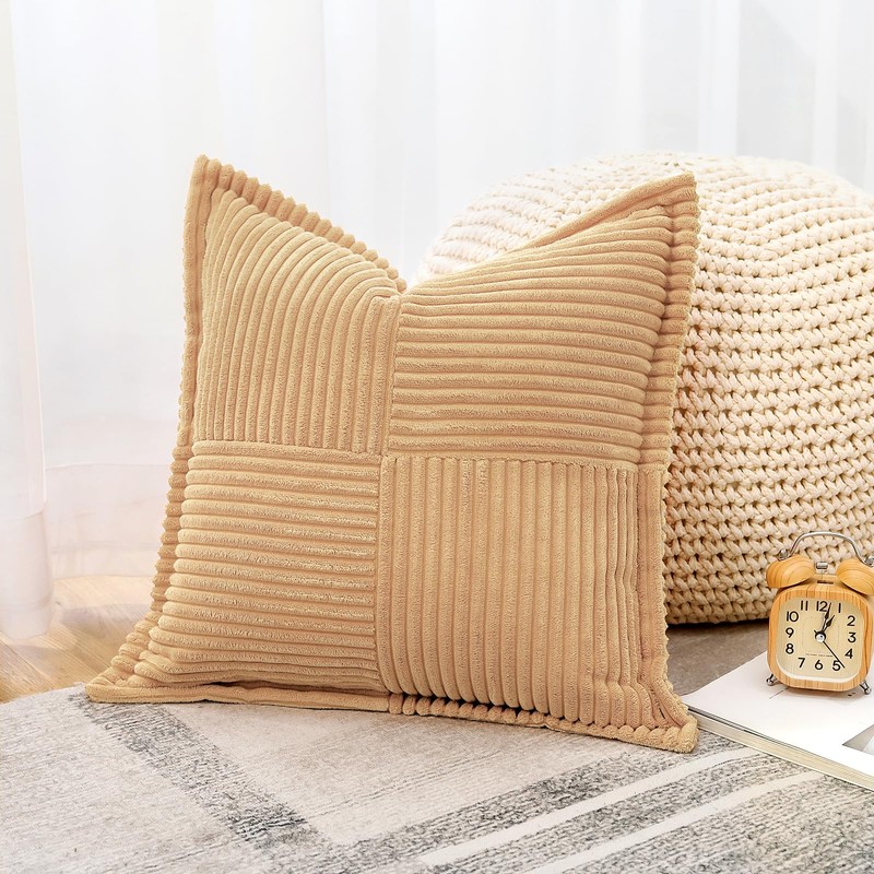 OTOSTAR Striped Corduroy Throw Pillow Covers with Splicing Super Soft