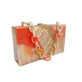 Anopo Women's Acrylic Clutch Purse Colourful Geometric Marbling Evening Bag Handbag Box Bag with Removable Chain, B Gold