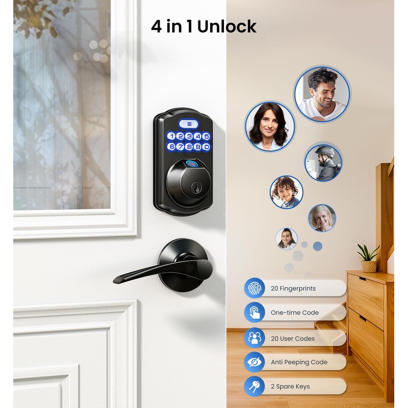 Veise Fingerprint Door Lock, Keyless Entry, Auto Lock, Electronic Keypad