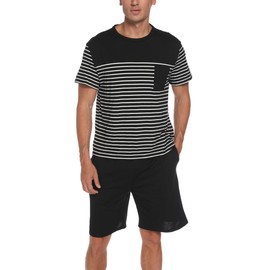 Reliwel Mens Pyjamas Set Cotton Sleepwear Striped T-Shirt and Sleep Shorts with Pockets Nightwear Pjs Loungewear Black XL