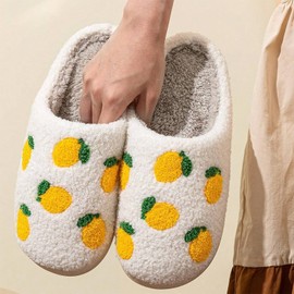 Unisex Lemon Slippers Vintage Fruit Slippers Indoor Anti-slip Warm Shoes Plush Cozy Home Slippers for Men Women 4344