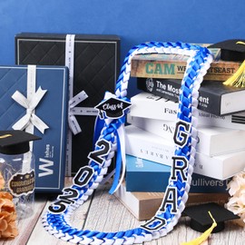 Hotop Grad Leis Class of 2025 Graduation Ribbon Double Braided Necklace Handmade Congrats Graduates Money Leis(Blue, White,1 Pcs)