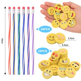 REAQUE Pack of 24 Bending Pencils and 24 Smiley Erasers for Children, Colourful Flexible Pencils with Emoji Erasers, Ideal Small Gifts for Children's Birthday Parties (Style A)