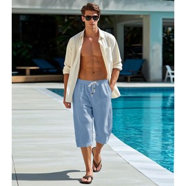 MAGNIVIT Men's Linen Shorts Casual Drawstring Loose Fit Capri Pants with Pocket Sky Blue 34