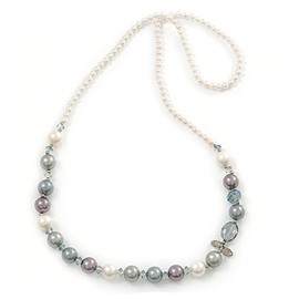 Avalaya White/Grey Faux Pearls with Crystal Glass Beads Long Necklace/ 80cm L