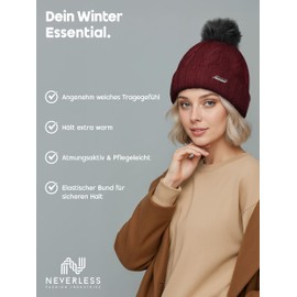 Neverless Women's Knitted Beanie, Fur, Pom Pom, for Winter -