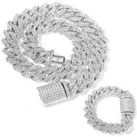 EMESLY Solid Miami Cuban Link Chain Gold/Silver Necklace (16, 18, 20, 22, 24 Inches Length); Hip Hop Bracelet (8" Length) for Men & Women; Perfect Iced Out Bling Jewelry Gift, 20.0 Inches, Gold Alloy,