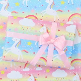 Birthday Wrapping Paper For Kids Girls Boys, Unicorn Design Gift Wrapping Paper for Birthday Baby Shower with 2 Meters Ribbon, 4 Sheets Folded Flat 50x70 cm per sheet