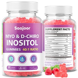 Saajoor Myo-Inositol & D-Chiro-Inositol Gummies with Vitamin D3, Magnesium Glycinate, Folate & Zinc, Inositol Supplement for Female Health, Vegan, Raspberry Flavor, 60 Gummies