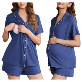 Ekouaer Women's Maternity Nursing Pajama Sets Button Down Postpartum Pajamas Short Sleeve Breastfeeding Clothes Blue