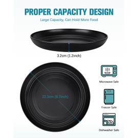 Badiano Unbreakable 9-Inch Deep Dinner Plates Set of 8, Wheat Straw Plastic Dinnerware, Dishwasher Safe Kitchen Plates for Daily Use (BLACK)