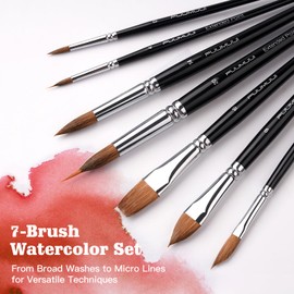Sable Watercolor Brushes, Fuumuui 7pcs Professional Artist Paint Brushes Set with Extended Needle, Round Point, Flat, Dagger, Cat's Tongue for Watercolor, Acrylic, Gouache – Detail & Wash Painting
