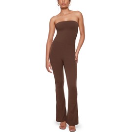 INLYRIC Women's Natrelax Strapless Jumpsuit - Yoga One Piece Bodycon Double Lined Sexy Tube Top Flare Leggings Rompers Coffee Brown Large