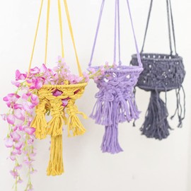 Kelendle Macrame Plant Hangers with Tassels Indoor Hanging Planters Basket Handmade Cotton Rope Flower Pots Holder Stand Boho Home Decor Outdoor Decorations Round Yellow