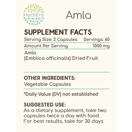 HerbEra Amla 120 Capsules, 500 mg, Amla (Emblica Officinalis) Dried Fruit (120 Capsules)