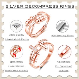Kamise Anxiety Ring, 2 Pieces 925 Sterling Silver Fidget Spinner Ring Set, Couple Adjustable Anti-Stress Rings, Women's Anxiety Rings with Pearls, Pair Unisex Mood Ring with Zirconia for Women and Men