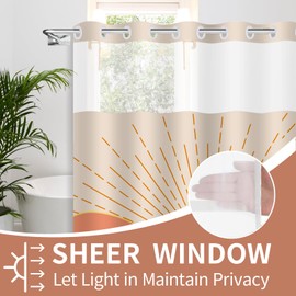 Mowxune No Hook Boho Shower Curtain with White Snap-in Liner,Boho Mid Century Sun Shower Curtain for Bathroom Decor,with See Through Mesh Top Window 71x74in