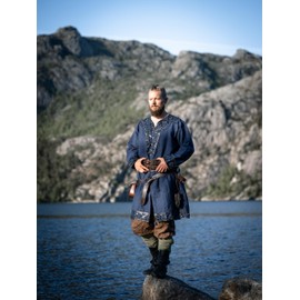 Leonardo Carbone® Viking Tunic Erik - Medieval Clothing Men's Casual Shirts Short Sleeve Carnival Costume Viking Tunic LARP Clothing - 100% Cotton with Leather Appliques, darkblue