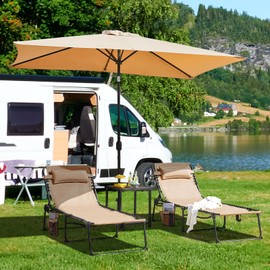 Yaheetech 26.4" Outdoor Folding Tanning Chair, Chaise Lounge Chairs with 5 Back Position Adjustable, Extended Portable Lounger for Beach, Patio, Beige