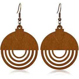 WUWEIJIAJIA Bohemian Hollowing Round Wooden Statement Dangle Drop Earrings Tribal Geometric Retro Handmade Wooden Hook Earrings of the Nation for Women (Light Brown)