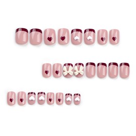 Short Press on Nails Square Fake Nails Red French Tip False Nails with Heart Bow Charms Design Glue on Nails Valentine's Day Acrylic Nails Glossy Full Cover Stick on Nails for Women Manicure 24Pcs