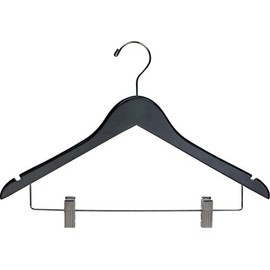 Wooden Combo Hanger with Adjustable Cushion Clips and Black Finish, Box of 100 Flat 17 Inch Wood Hangers with Chrome Swivel Hook & Notches by The Great American Hanger Company