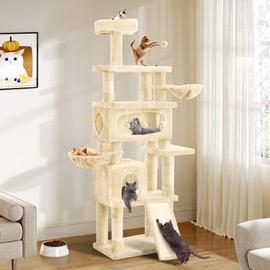 YITAHOME 76in Tall Cat Tree for Indoor Cats, Cat Tower with Scratching Posts, Tree Tower for Large Cats, Multi-Level Furniture Cat Condos w Climbing Ladder, Hanging Balls, Large Flat Platforms, Beige