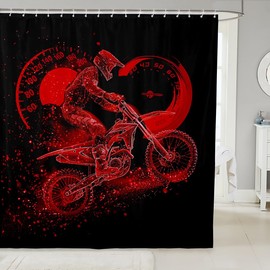 Feelyou Motocross Fabric Shower Curtain Black Red Dirt Bike Rider Shower Curtain Boys Racing Themed Bathroom Waterproof Accessories with 12 Hooks Fashion Motorcycle Silhouette Curtains,72X72 Inches