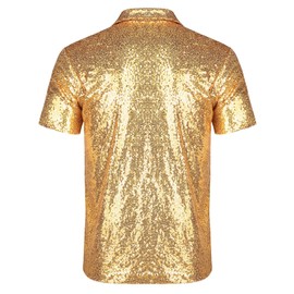 URRU Men's Relaxed Short Sleeve Turndown Sparkle Sequins Polo Shirts 70s Disco Nightclub Party T-Shirts Tops Gold XXL
