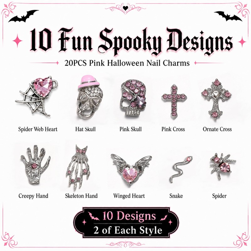Pink Halloween Nail Art Charms, 3D Gothic Nail Rhinestone with
