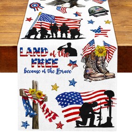 Buxiuer Memorial Day Table Runner Land of The Free Because of The Brave American Flag Patriotic Soldier Decoration Dining Room Home Kitchen Table Decor 13 x 72Inches