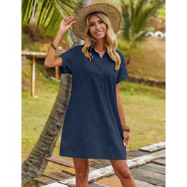 Zeagoo Beach Dress with Sleeves Summer Cotton Casual Short Sleeve Button Down Dress with Pocket Navy L