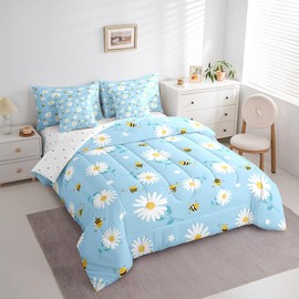Feelyou Cartoon Bee Comforter Set with Sheets Leaf Flower Floral 7 Piece Bedding Set Full Size for Kids Boys Girls Kawaii Bugs Farmhouse Bed in a Bag