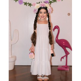 Arshiner Girl Summer Maxi Dress Kids Boho Beach Casual Sleeveless Sundress Strap Maxi Dresses with Pockets White 7-8 Years