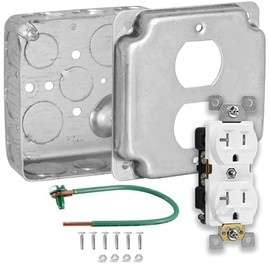 Outlet Box Kit, Includes 4x4'' Drawn Metal Electrical Box, 2 Tamper Resistant 20 Amp Duplex Receptacle Outlets, Duplex Receptacle 4x4'' Cover, Sixteen Knockouts (Single Duplex Receptacle)