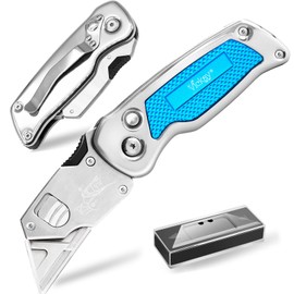 Vickay Box Cutter, Utility Knife with Clip, Stainless Steel Body Handle, Quick-change Blade and Safety Axis Lock, Razor Knife, Cardboard Cutter with Extra 5PC SK5 Blades (Blue)