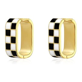 Fashion Checker Chunky Oval Hoop Earrings for Women Girls Dainty 925 Sterling Silver Post 14K Gold Plated Huggie Hoops White Black Enamel Hypoallergenic Hooped Gifts Her Mom Birthday