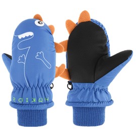 JUPSK Kids Winter Ski Gloves Waterproof Snow Mittens Anti Slip Plush Lined Warm Dinosaur Gloves for Toddler Children Girls Boys 2-5 Years Old (Blue)