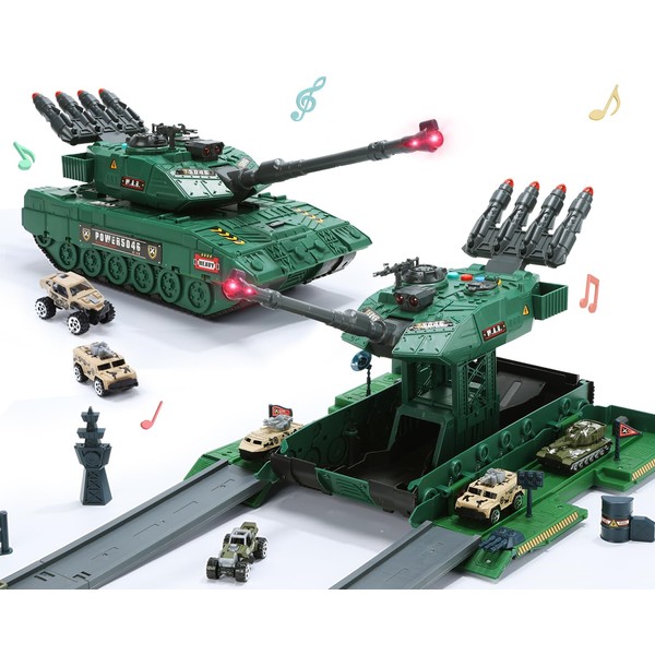 CUTE STONE 2-in-1 Army Tank Toys, Military Vehicles Playset with Rotating Turret, Catapult Track, Realistic Sound & Light for Boys 3-7 Years