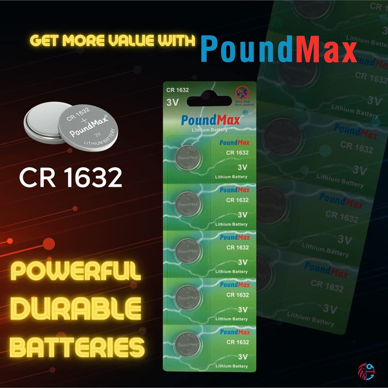 PoundMax CR 1632 Batteries 3v Lithium Button Cell Battery Combo