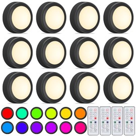 Aokpsrt Puck Lights with Remote Control, 16 Color Changeable Under Cabinet Lights, Battery Operated Wireless Led Lights with Dimmer & Timmer for Closet, Bedroom,Kitchen (12 Packs)