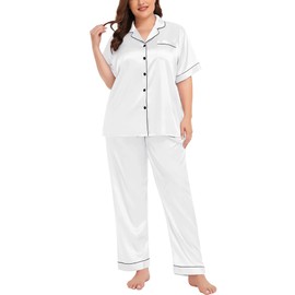 SWOMOG Plus Size Silk Pjs for Women Satin Pajamas Bridal Pajama Set V-Neck Classic Pj Set for Pajama Party 2 Piece Loungewear 18W White