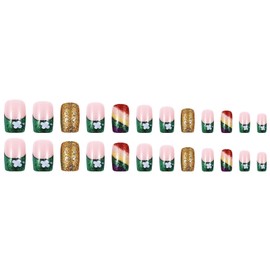 Rainbow Press on Nails Short Square St. Patrick's Day Fake Nails with Rainbow Green Glitter French Design Clover False Nails St Patricks Day Glue on Nails Shamrock Stick on Nails for Women Girls