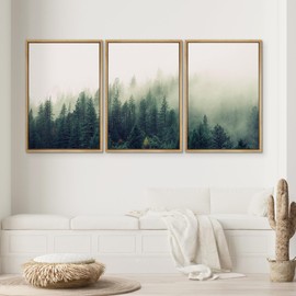 SIGNWIN 3 Piece Framed Canvas Wall Art Green Foggy Mountains Nature Wilderness Photography Abstract Rustic Aerial Canvas Prints Home Artwork Decoration for Living Room,Bedroom - 24"x36"x3 Natural