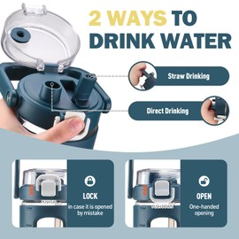 BLUEGO 32oz Glass Water Bottles with Straw Time Marker Half Gallon Large Motivational Water Bottle with Silicone Sleeve 2 Liter Large Glass Water Jug for Gym, Sports& Workout, Daily, Dark Blue