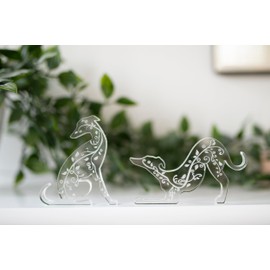 Elegant Clear Acrylic Whippet & Greyhound Pair – Intricately Engraved Dog Silhouette Ornament – Whippet Lover Gift, Sighthound Home Decor (With gift box)