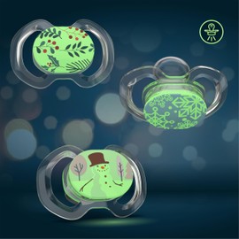 Smilo Baby Pacifier - 3 Pack of Slimline Pacifiers for Babies - Stage 3 for Babies 9+ Months - 100% Silicone Pacifier and BPA Free - Glow in The Dark - Winter Edition