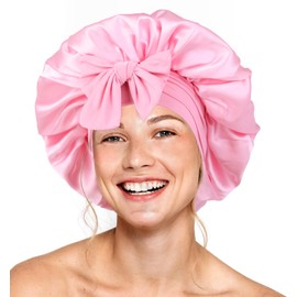 Silk Bonnet for Sleeping Women Double Layer Satin Bonnet Hair Bonnet with Elastic Tie Band Adjustable Bonnet for Curly Hair（Pink）