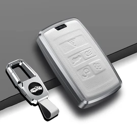 ontto Leather Key Fob Cover Keyring for Land Rover Defender Discovery Sport New Range Rover Evoque Sport Velar Jaguar E-Pace I-Pace accessories Alu Alloy Key Case keychain key Holder White