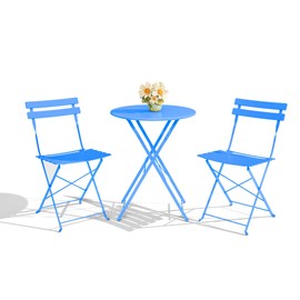 GarveeLife 3-Piece Folding Bistro Set, Foldable Patio Furniture Set with Premium Frame, Outdoor Bistro Table and Chairs Set of 2 for Patio, Garden and Balcony, Blue